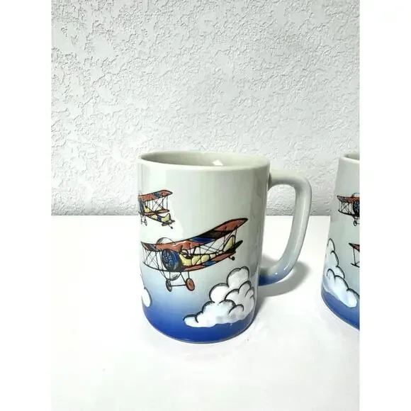 Vintage Otagiri Coffee Mugs Ceramic Biplane Design Clouds Collectible Set of 2 - Picture 3 of 9